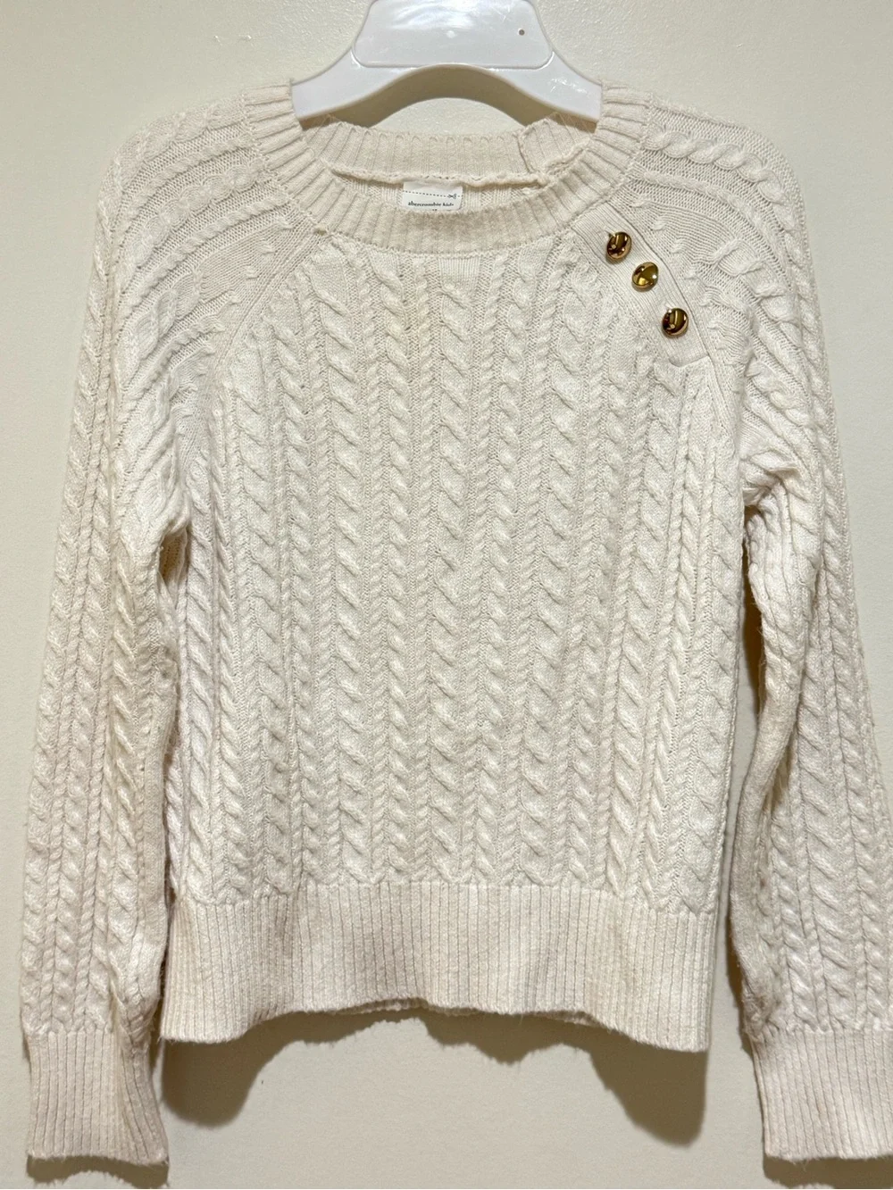 abercrombie kids Cream Cable Crew with Gold Shoulder Buttons